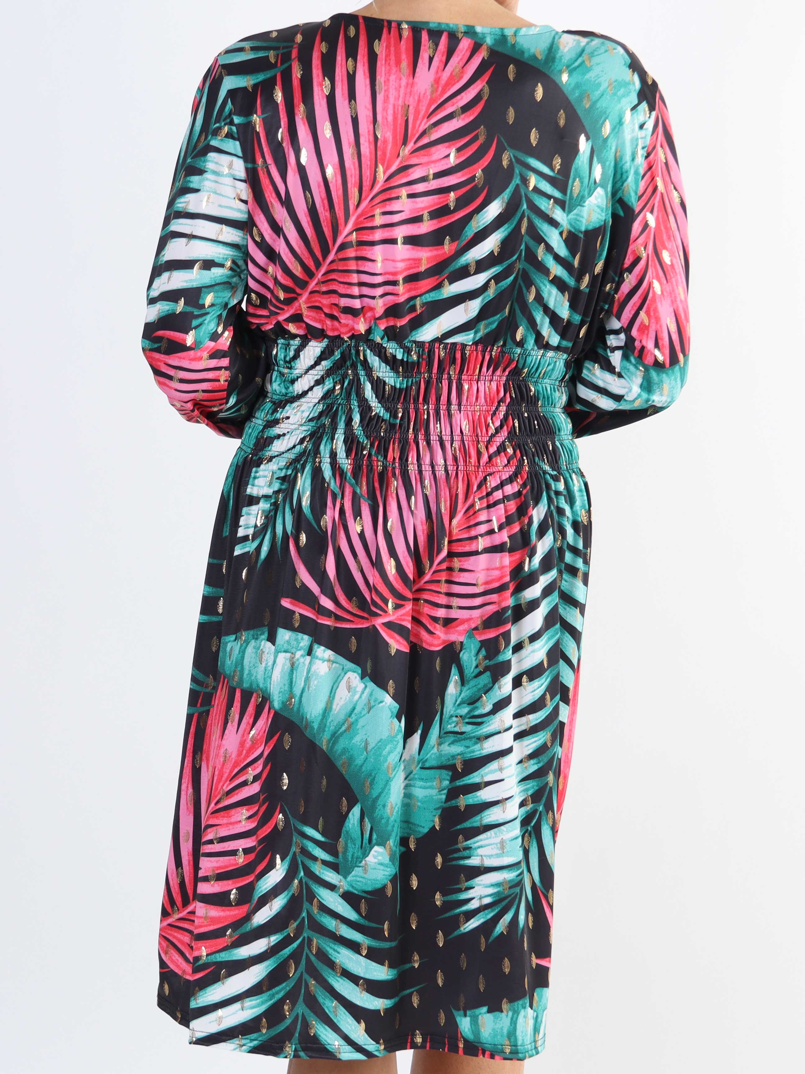 Pams Leaf Short L/S - Elastisk mönstrad klänning i skrynkelfritt tyg för stora storlekar